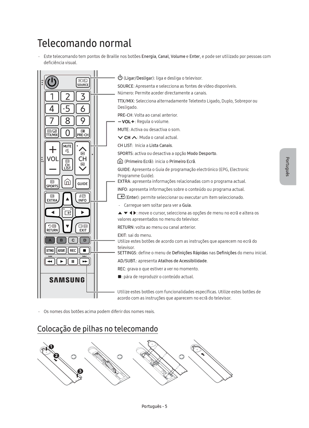 Samsung UE49K5500AKXXC manual Telecomando normal, Colocação de pilhas no telecomando, CH List Inicia a Lista Canais 