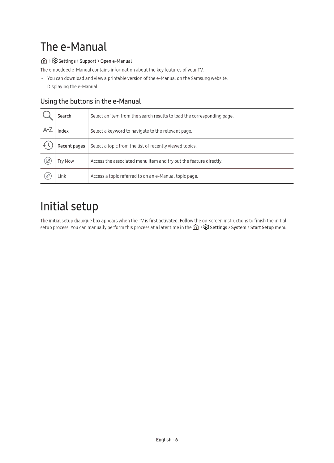 Samsung UE40K5510AKXXC manual E-Manual, Initial setup, Using the buttons in the e-Manual, Settings Support Open e-Manual 