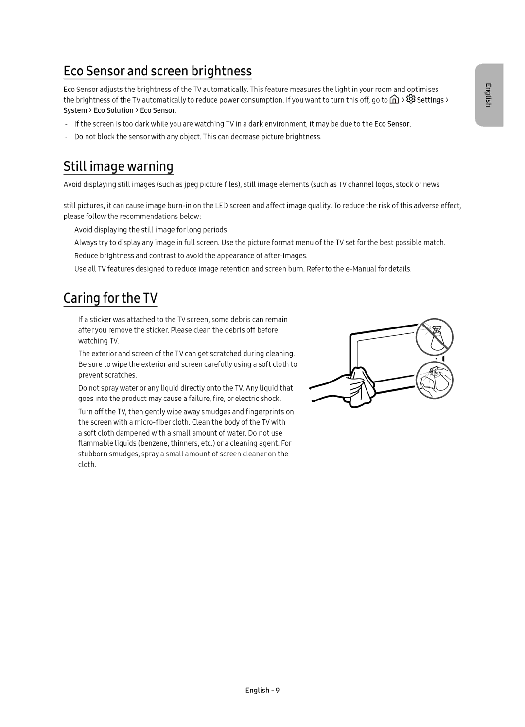 Samsung UE40K5600AKXXC, UE40K5500AKXXC manual Eco Sensor and screen brightness, Still image warning, Caring for the TV 