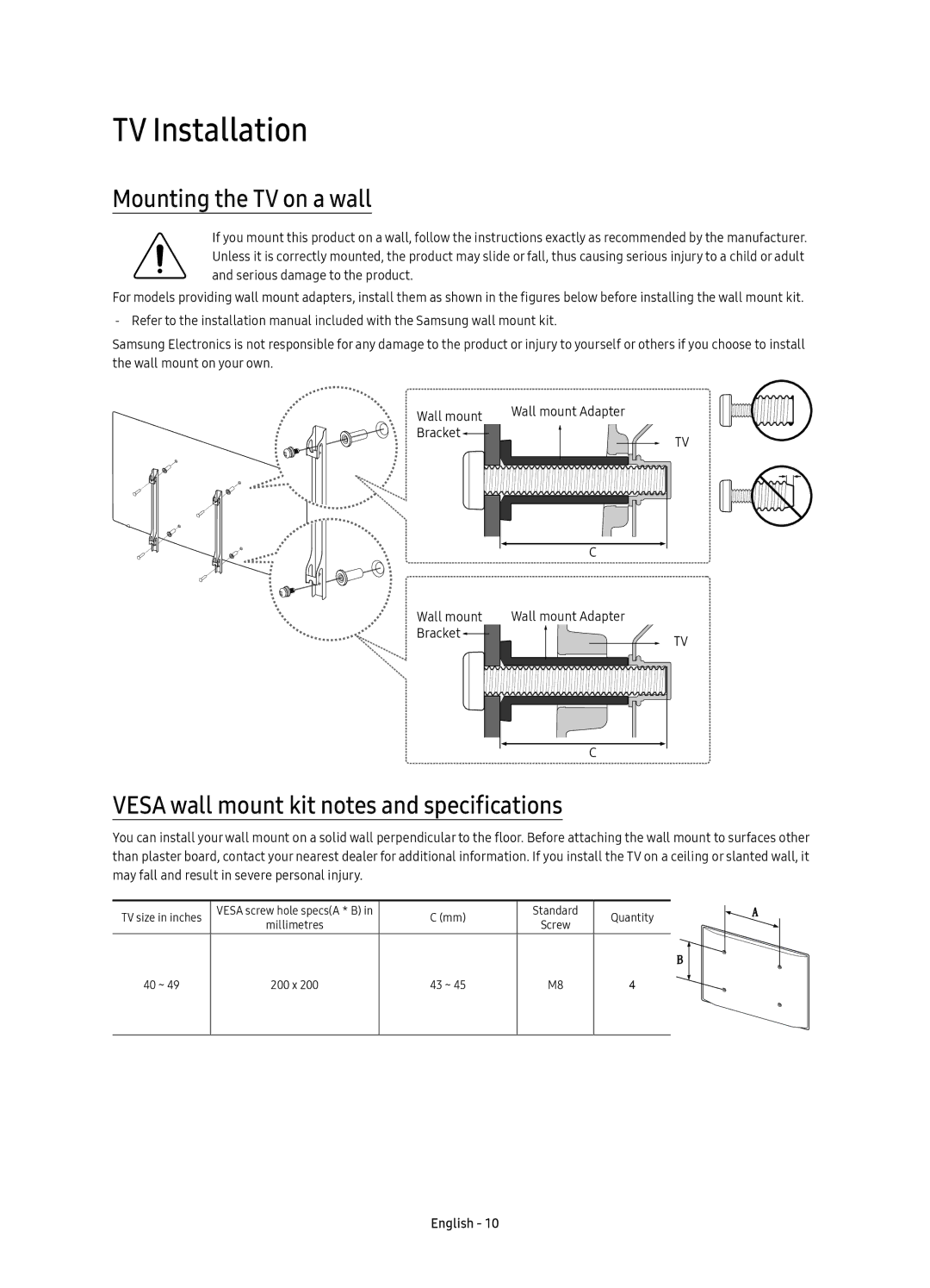 Samsung UE40K5510AUXRU manual TV Installation, Mounting the TV on a wall, Vesa wall mount kit notes and specifications 