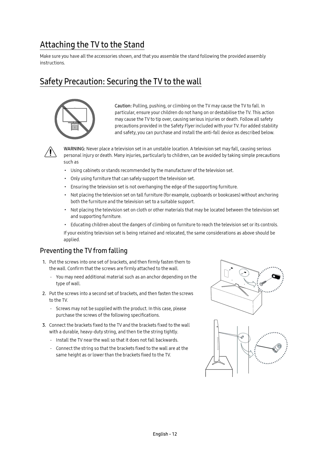 Samsung UE40K5510AUXRU, UE49K5510AUXRU manual Attaching the TV to the Stand, Safety Precaution Securing the TV to the wall 