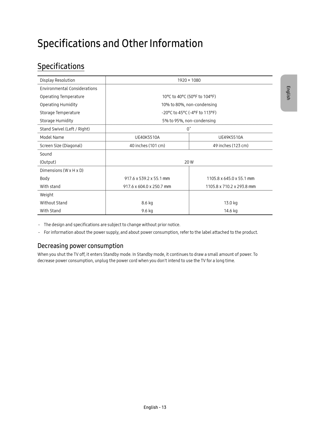 Samsung UE49K5510AUXRU, UE40K5510AUXRU manual Specifications and Other Information, Decreasing power consumption 