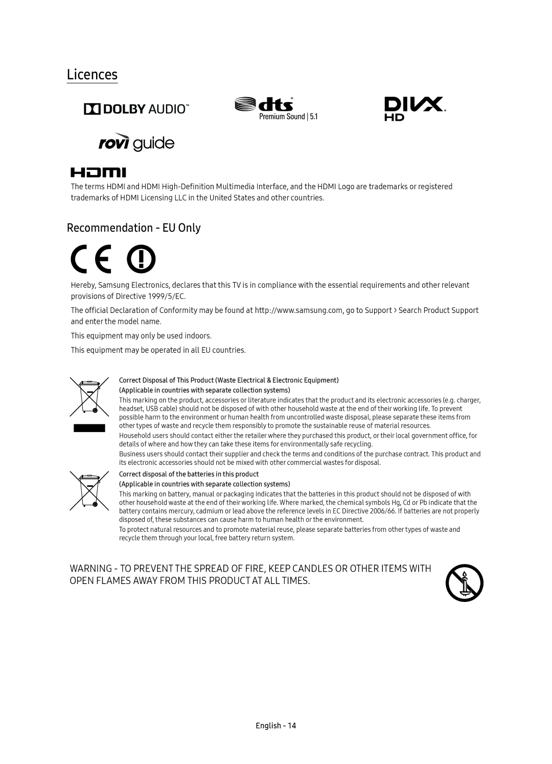 Samsung UE40K5510AUXRU, UE49K5510AUXRU manual Licences, Recommendation EU Only 