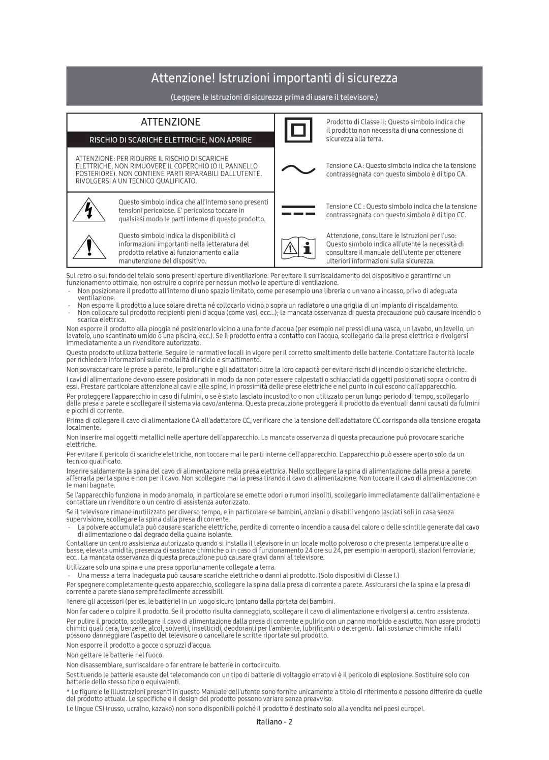 Samsung UE40K5500AKXZT, UE40K5600AKXZT, UE55K5510AKXZT, UE40K5510AKXZT manual Attenzione! Istruzioni importanti di sicurezza 