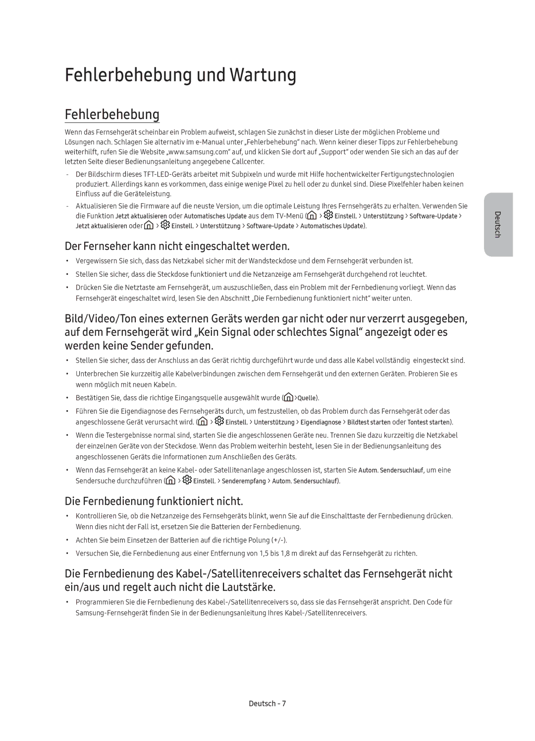 Samsung UE49K5500AKXZT, UE40K5600AKXZT manual Fehlerbehebung und Wartung, Der Fernseher kann nicht eingeschaltet werden 