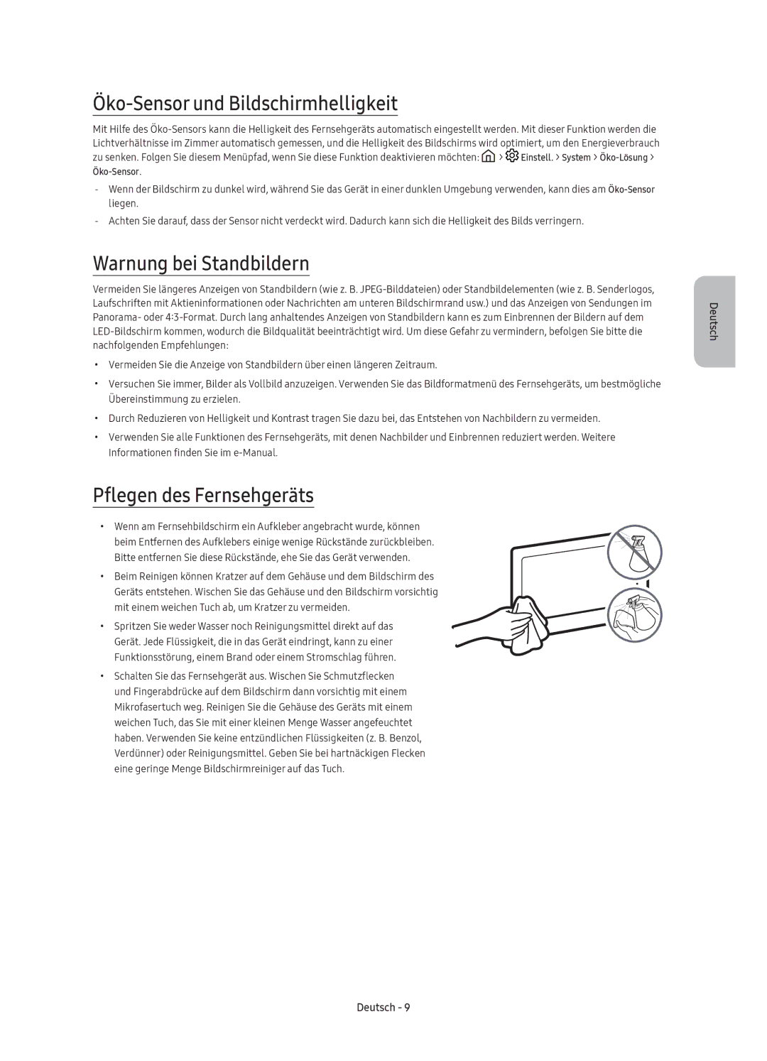 Samsung UE49K5510AKXZT manual Öko-Sensor und Bildschirmhelligkeit, Warnung bei Standbildern, Pflegen des Fernsehgeräts 