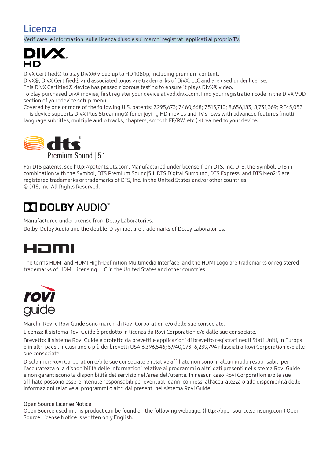 Samsung UE49K6300AWXXH, UE40K5659SUXZG, UE40K5579SUXZG, UE49K5579SUXZG, UE40K5679SUXZG, UE32K5579SUXZG, UE55K5679SUXZG Licenza 