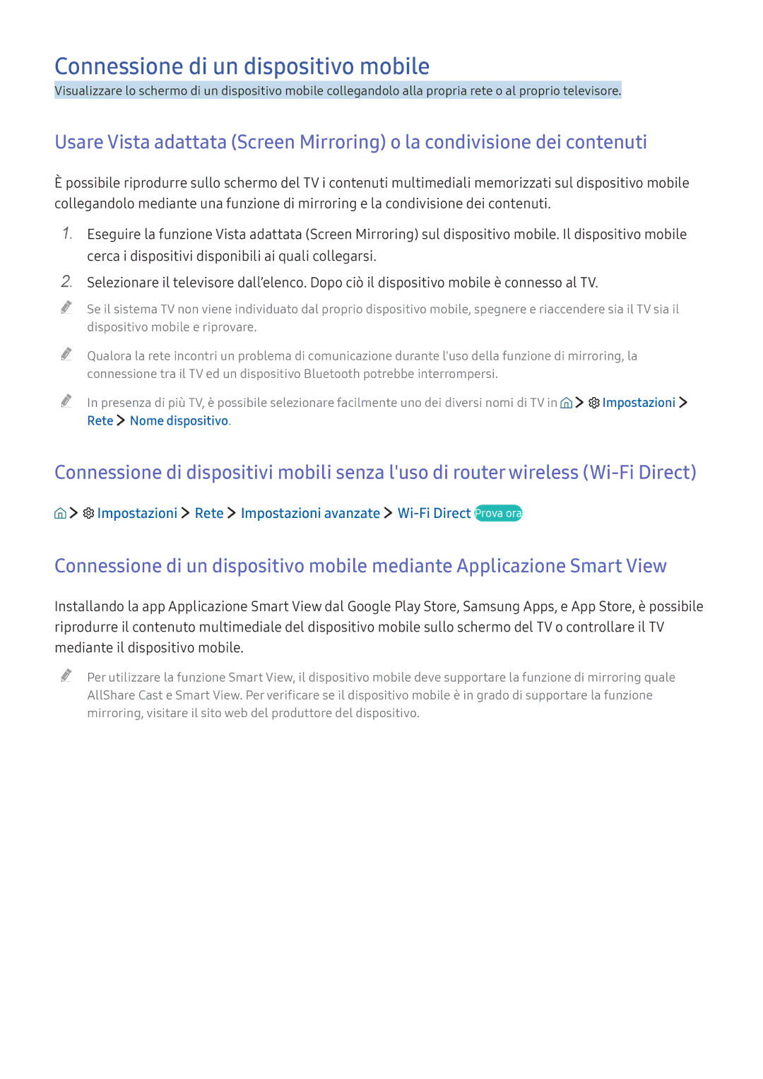 Samsung UE49K6370SSXXH, UE40K5659SUXZG, UE40K5579SUXZG manual Connessione di un dispositivo mobile, Rete Nome dispositivo 