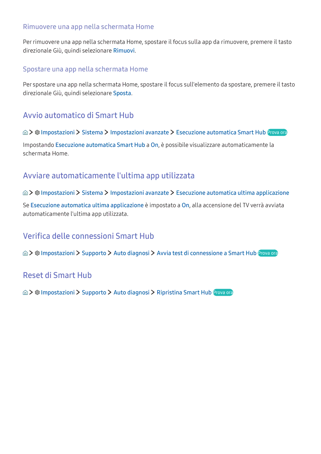 Samsung UE55K5510AKXZT Avvio automatico di Smart Hub, Avviare automaticamente lultima app utilizzata, Reset di Smart Hub 