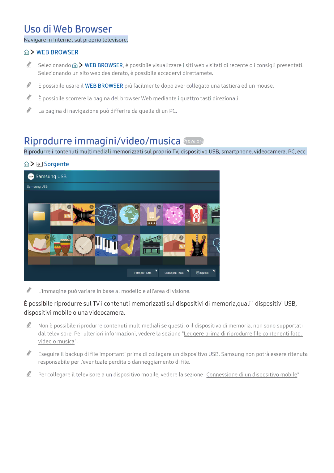 Samsung UE32K5570SUXZG, UE40K5659SUXZG, UE40K5579SUXZG manual Uso di Web Browser, Riprodurre immagini/video/musica Prova ora 