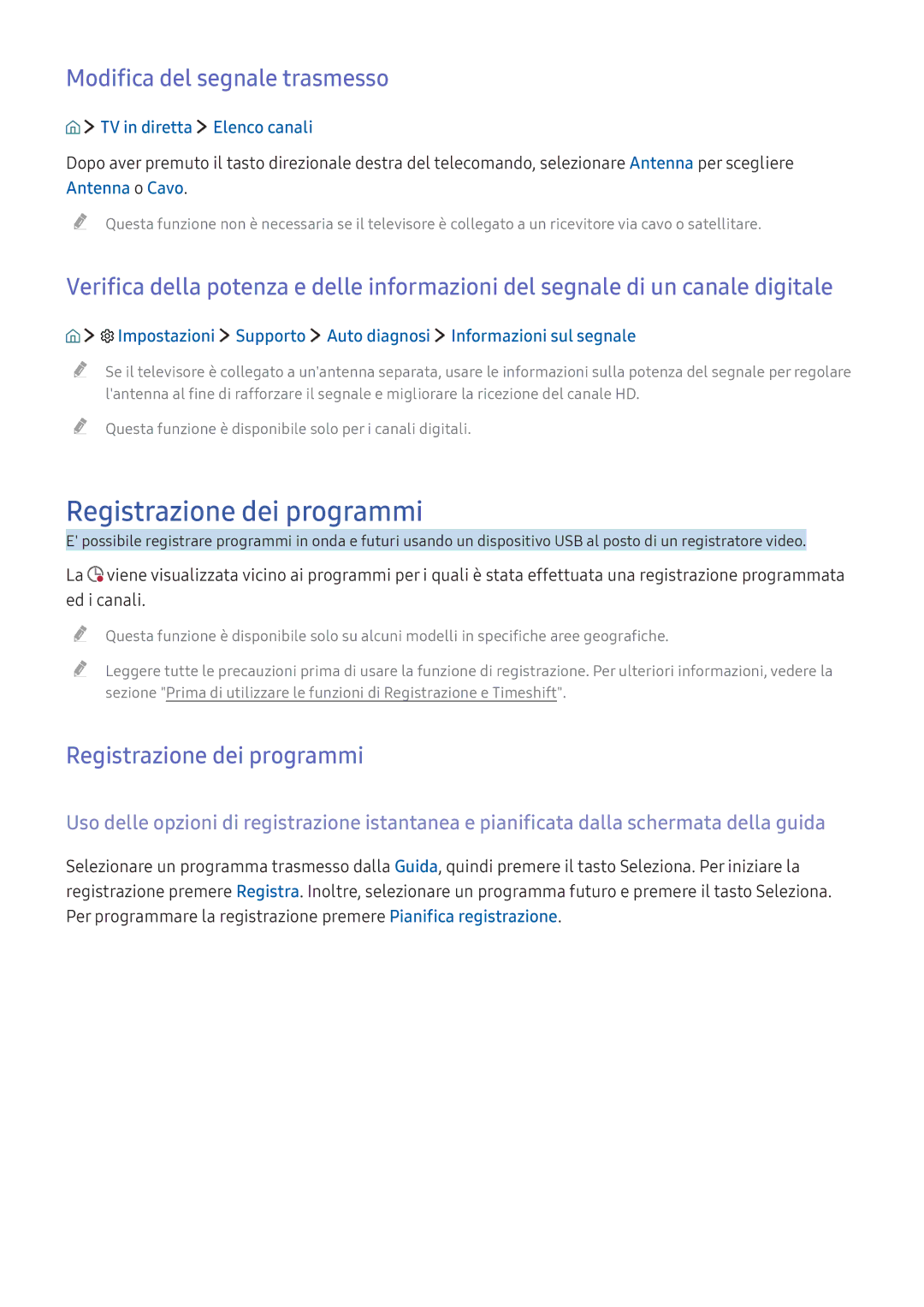 Samsung UE49K6300AKXZT manual Registrazione dei programmi, Modifica del segnale trasmesso, TV in diretta Elenco canali 