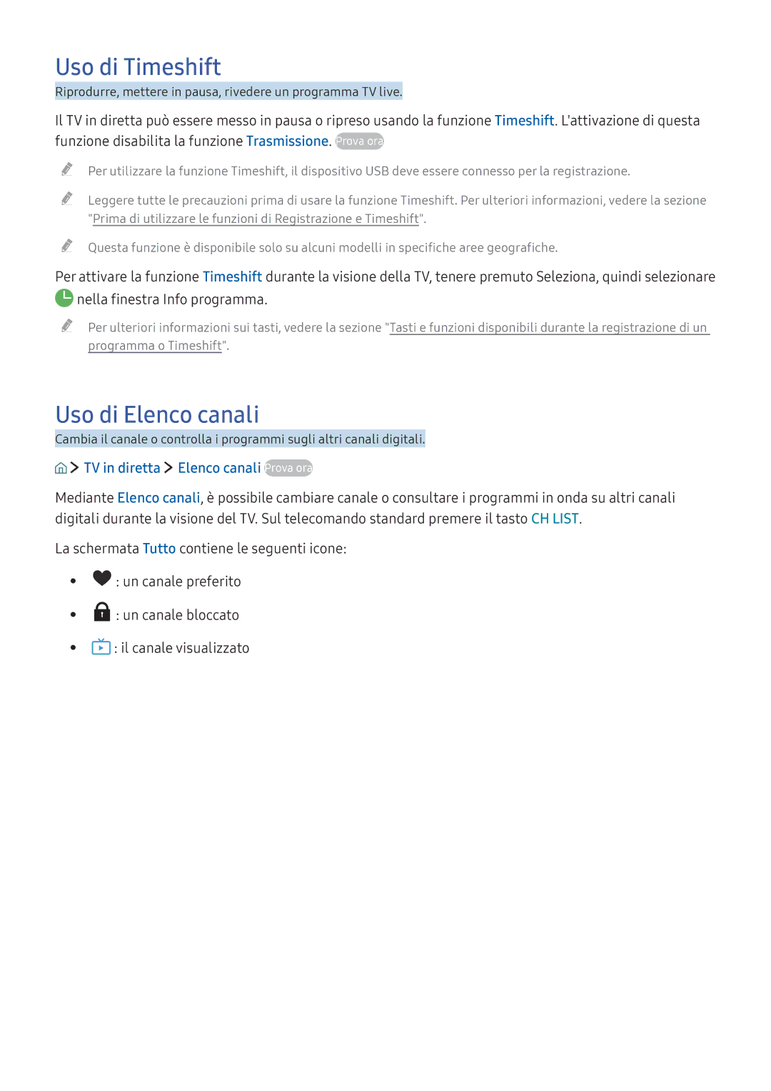 Samsung UE49K5510AKXZT, UE40K5659SUXZG manual Uso di Timeshift, Uso di Elenco canali, TV in diretta Elenco canali Prova ora 