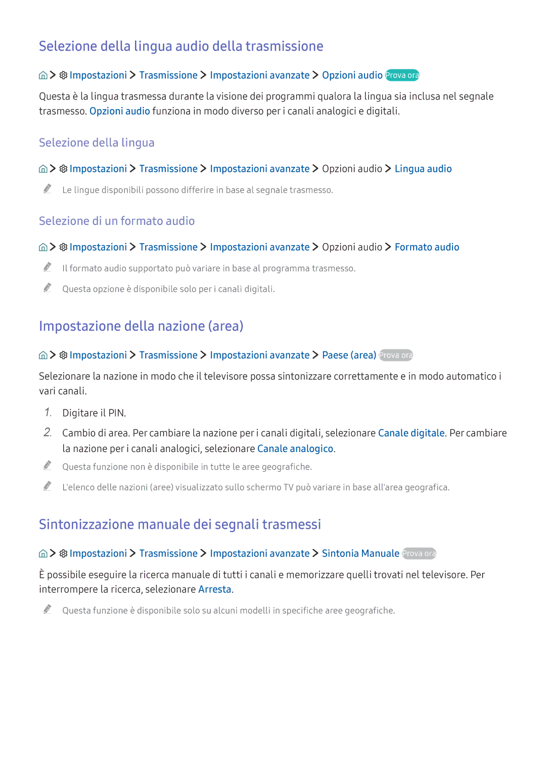 Samsung UE40K5579SUXZG, UE40K5659SUXZG Selezione della lingua audio della trasmissione, Impostazione della nazione area 