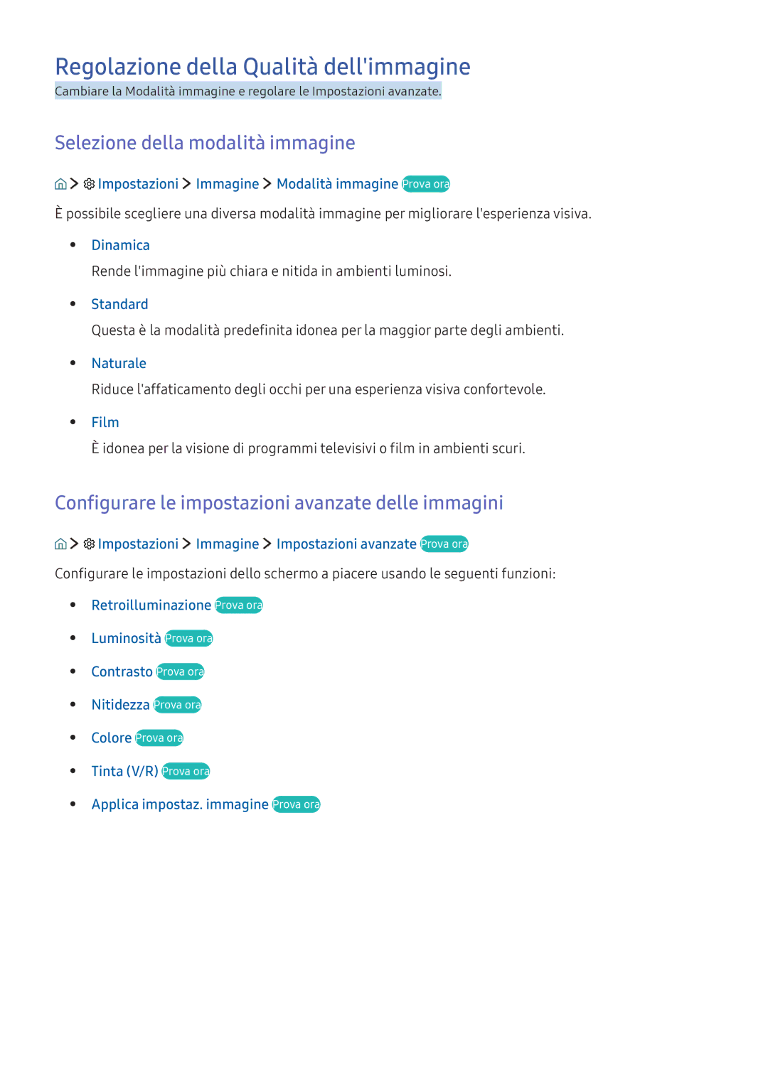 Samsung UE32K5579SUXZG, UE40K5659SUXZG manual Regolazione della Qualità dellimmagine, Selezione della modalità immagine 