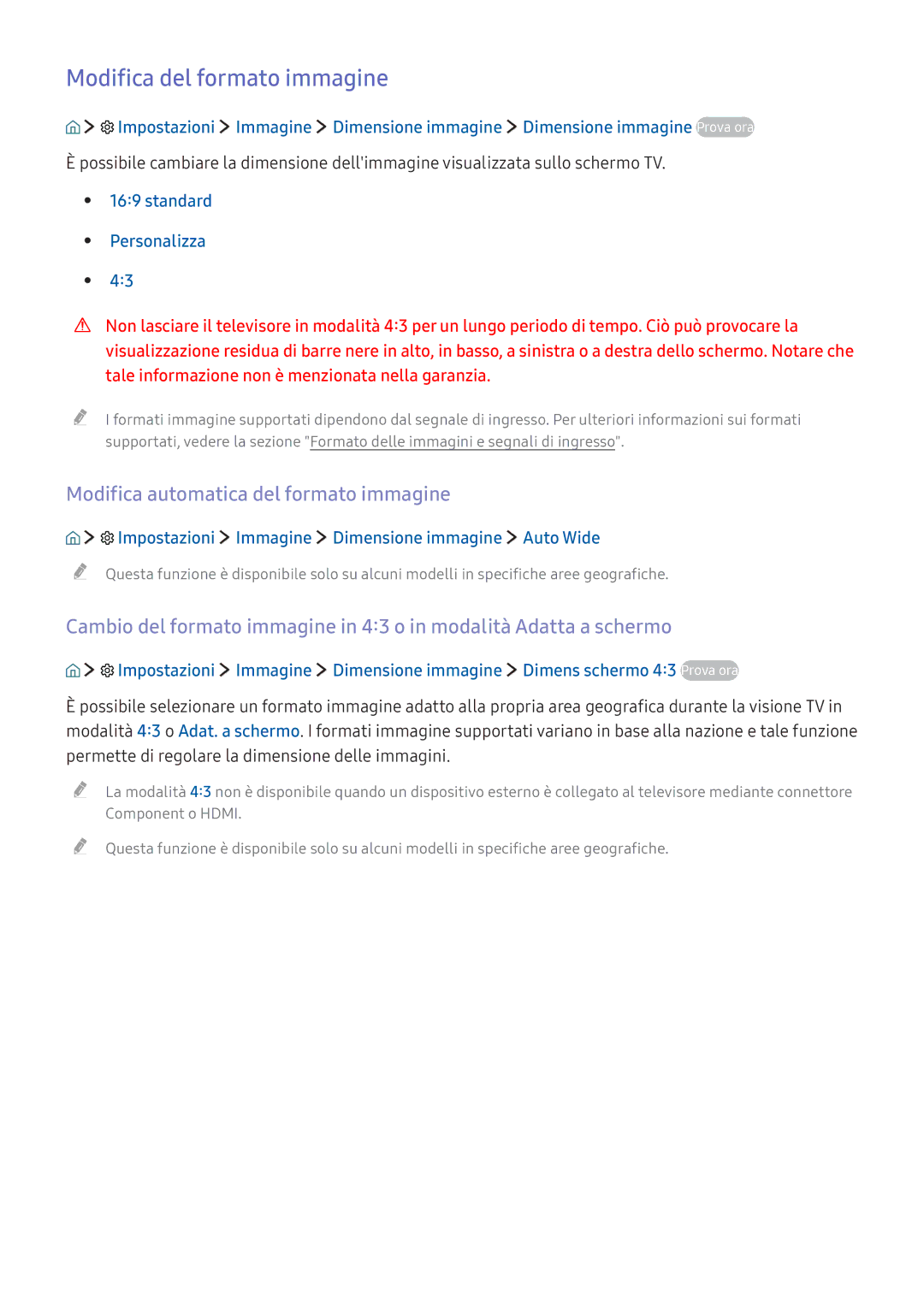 Samsung UE55K5589SUXZG Modifica del formato immagine, Modifica automatica del formato immagine, Standard Personalizza 