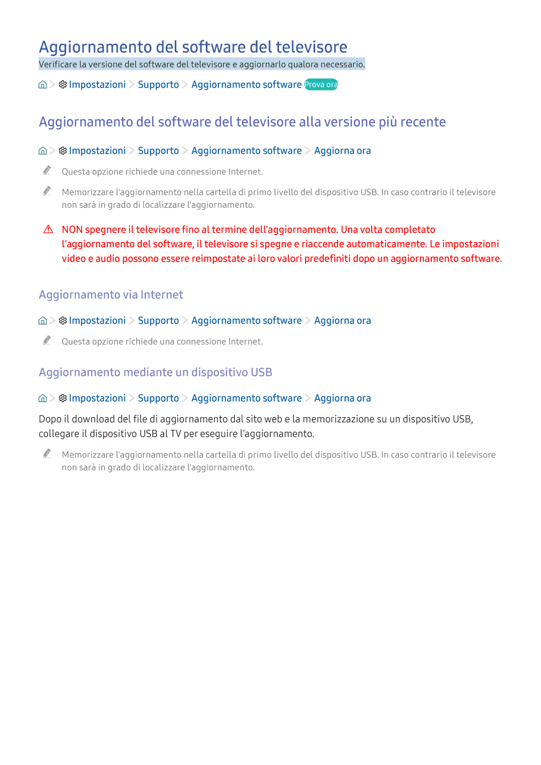 Samsung UE49K6300AWXXH, UE40K5659SUXZG manual Aggiornamento del software del televisore, Aggiornamento via Internet 