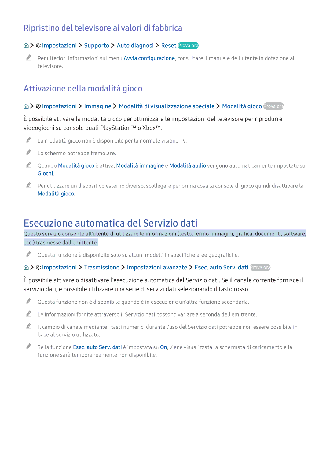 Samsung UE40K5600AKXZT manual Esecuzione automatica del Servizio dati, Ripristino del televisore ai valori di fabbrica 