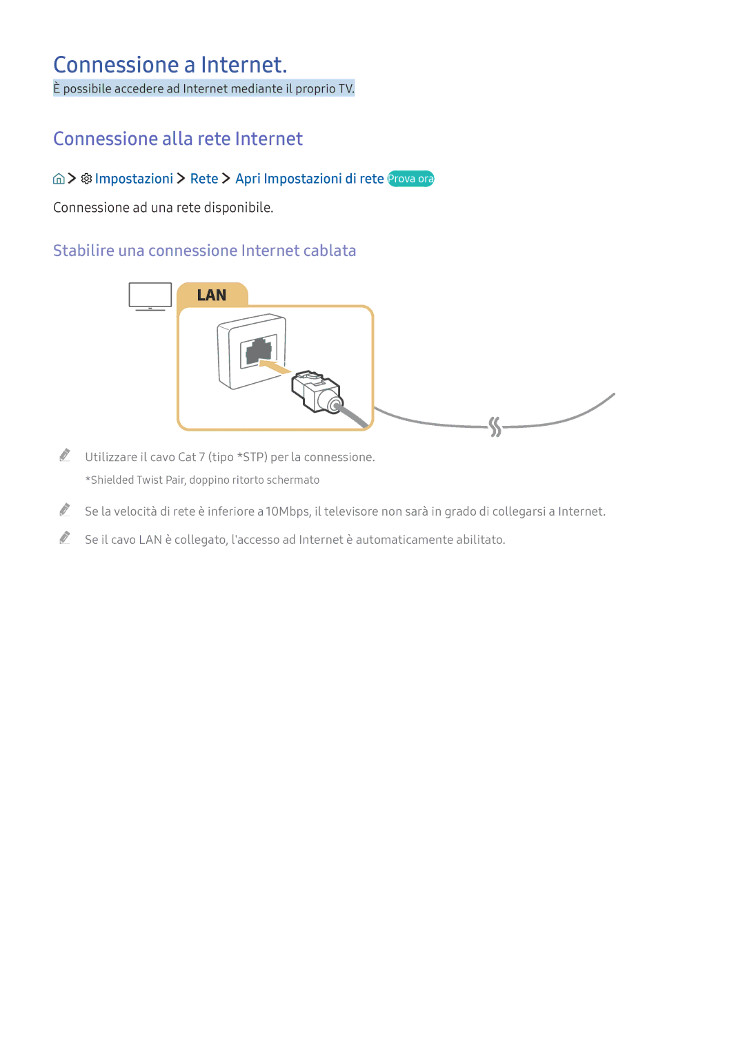 Samsung UE55K5579SUXZG Connessione a Internet, Connessione alla rete Internet, Stabilire una connessione Internet cablata 