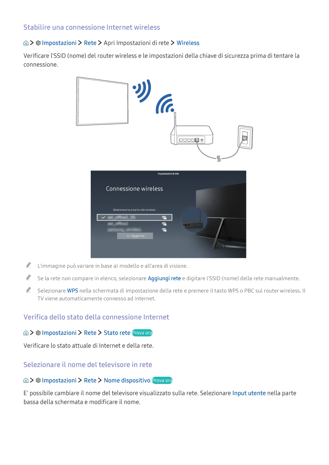 Samsung UE49K6379SUXZG manual Stabilire una connessione Internet wireless, Verifica dello stato della connessione Internet 