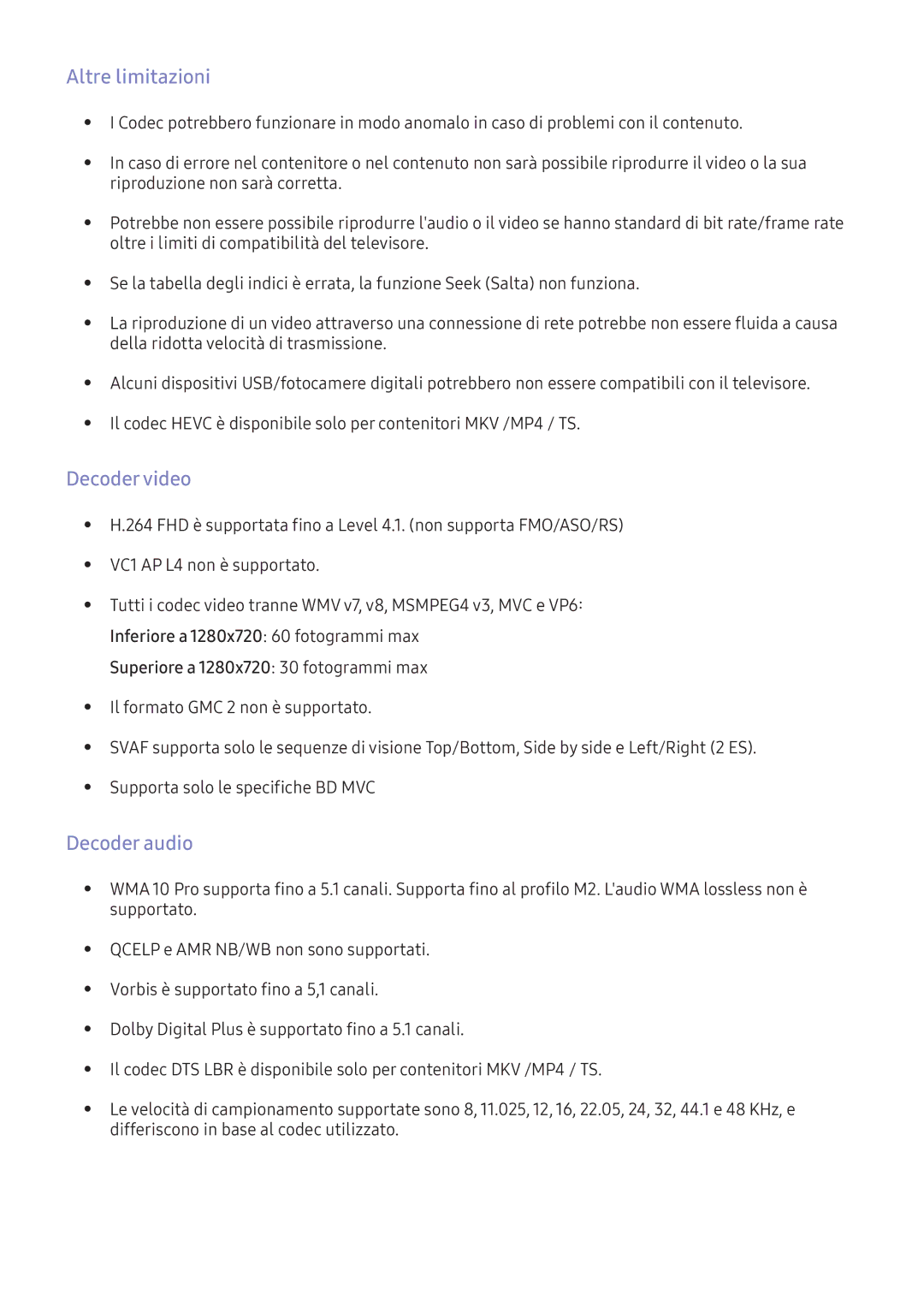 Samsung UE32K5579SUXZG, UE40K5659SUXZG, UE40K5579SUXZG, UE49K5579SUXZG manual Altre limitazioni, Decoder video, Decoder audio 
