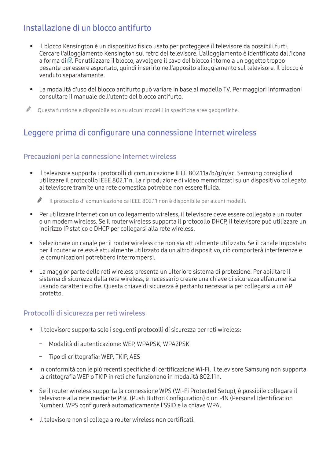 Samsung UE55K5589SUXZG manual Installazione di un blocco antifurto, Precauzioni per la connessione Internet wireless 