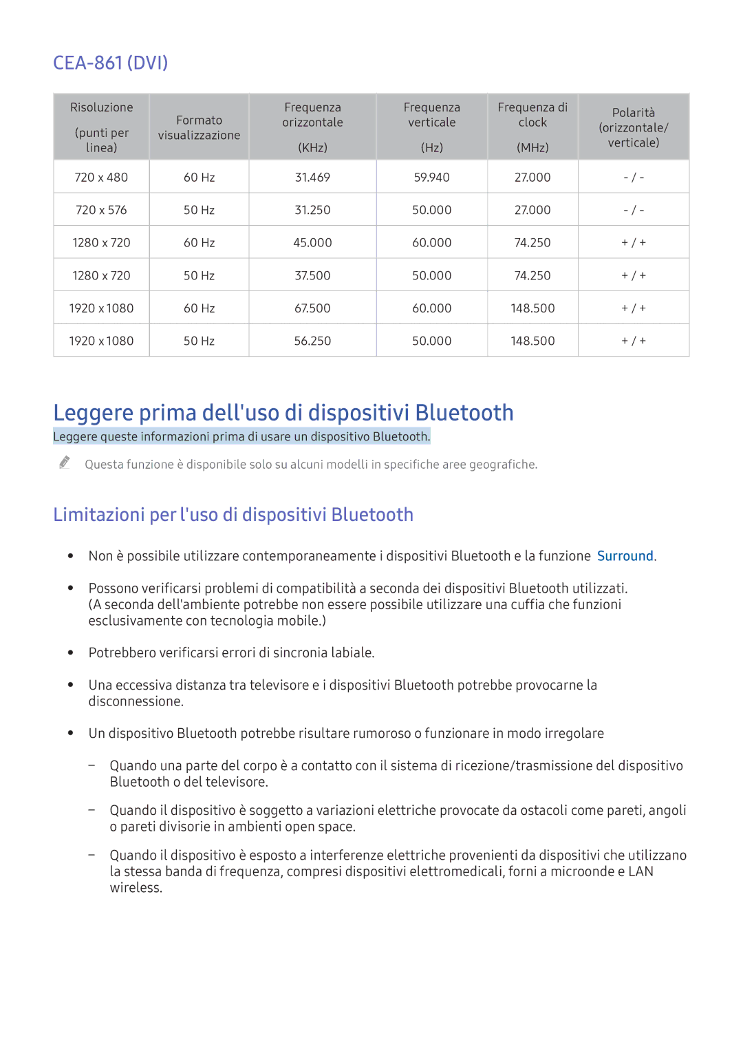 Samsung UE55K6300AWXXH, UE40K5659SUXZG, UE40K5579SUXZG manual Leggere prima delluso di dispositivi Bluetooth, CEA-861 DVI 