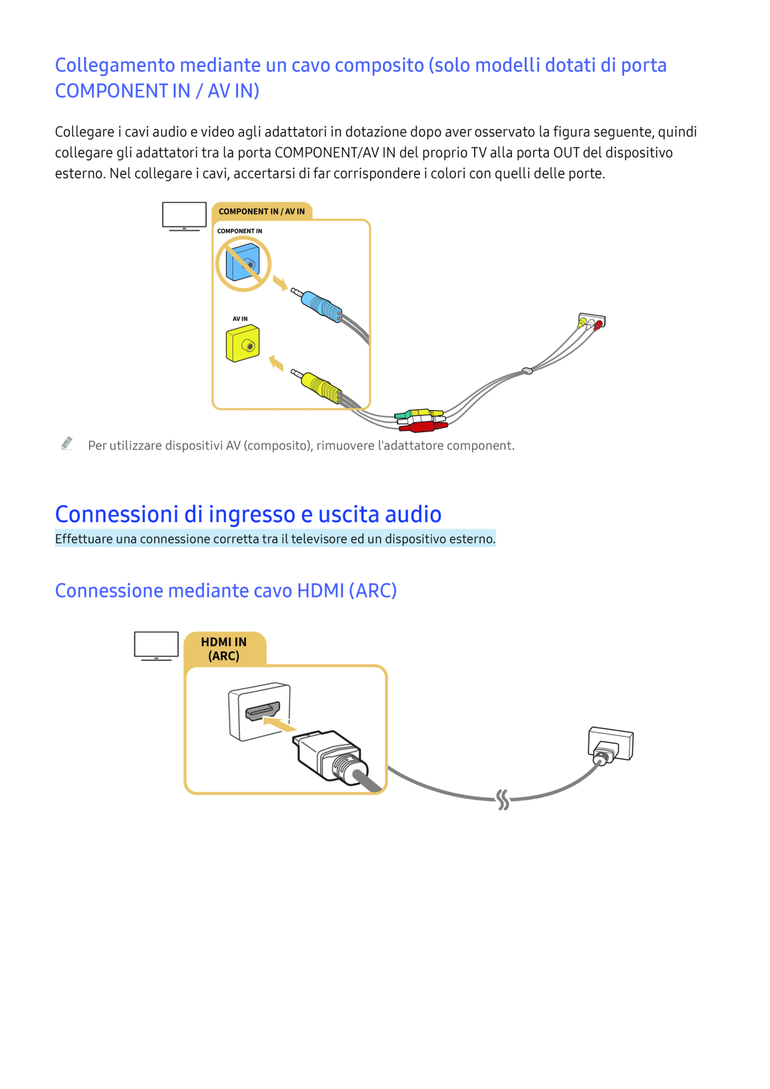 Samsung UE55K6370SSXXH Connessioni di ingresso e uscita audio, Connessione mediante cavo HDMI ARC, Component In / Av In 