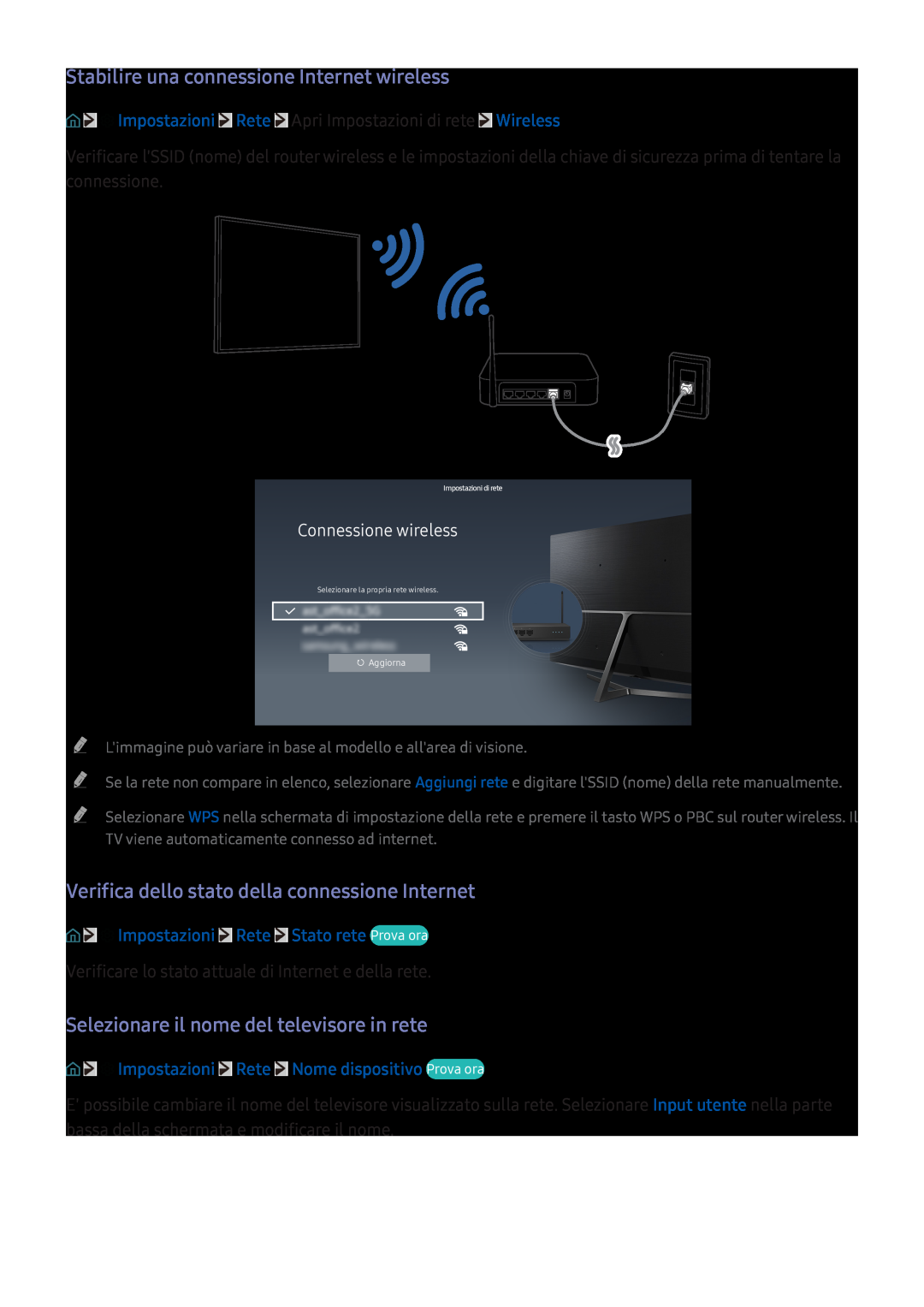 Samsung UE49K6379SUXZG manual Stabilire una connessione Internet wireless, Verifica dello stato della connessione Internet 