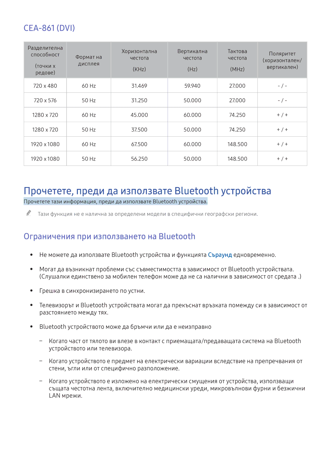 Samsung UE55K6372SUXXH, UE40K5672SUXXH, UE49K5672SUXXH Прочетете, преди да използвате Bluetooth устройства, CEA-861 DVI 