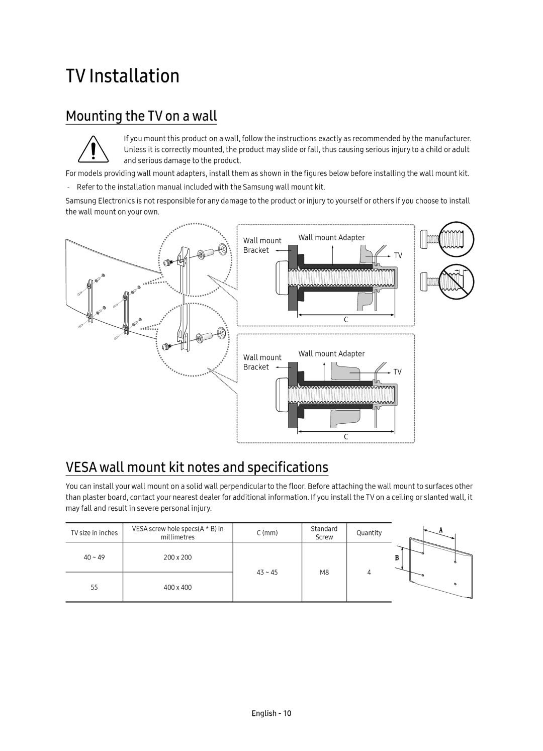 Samsung UE40K6300AKXZF manual TV Installation, Mounting the TV on a wall, Vesa wall mount kit notes and specifications 