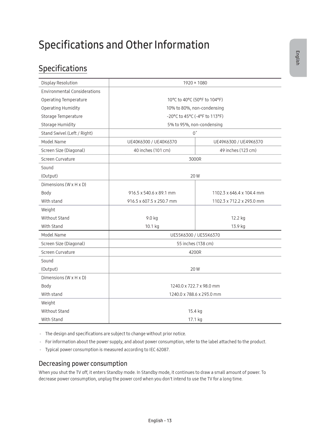 Samsung UE49K6300AKXZT, UE40K6300AKXXC, UE40K6370SUXZG Specifications and Other Information, Decreasing power consumption 