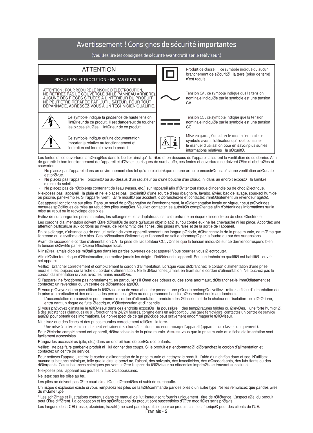 Samsung UE55K6300AKXXU, UE40K6300AKXXC, UE40K6370SUXZG, UE49K6370SUXZG Avertissement ! Consignes de sécurité importantes 