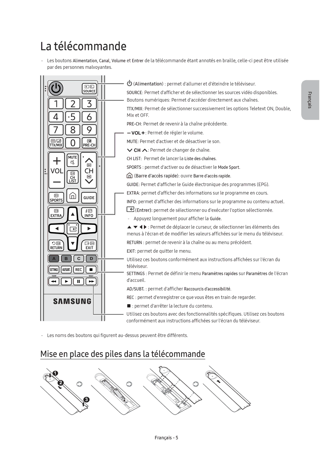 Samsung UE40K6300AKXXC, UE40K6370SUXZG, UE49K6370SUXZG manual La télécommande, Mise en place des piles dans la télécommande 