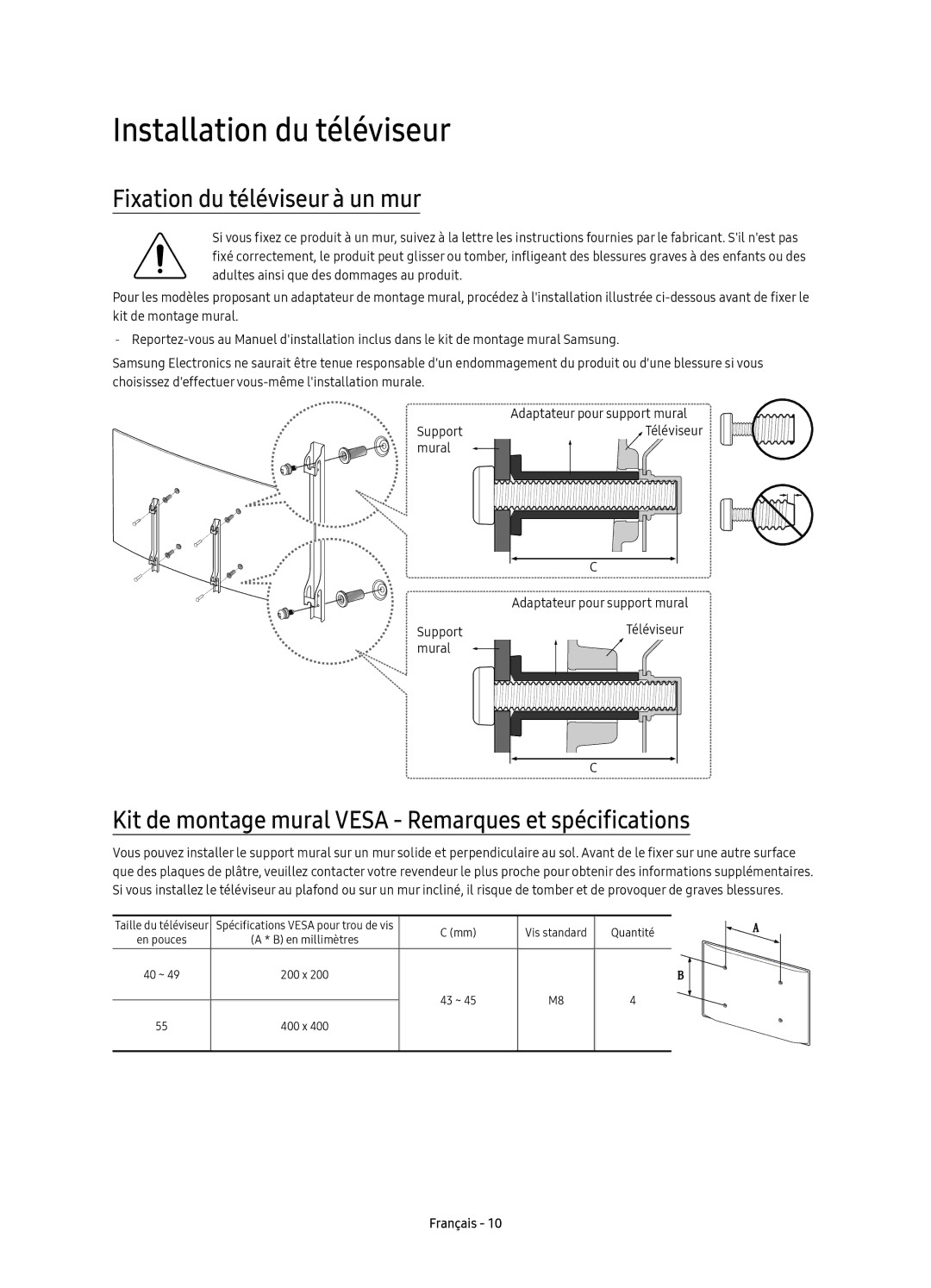 Samsung UE55K6300AKXZF, UE40K6300AKXXC, UE40K6370SUXZG manual Installation du téléviseur, Fixation du téléviseur à un mur 