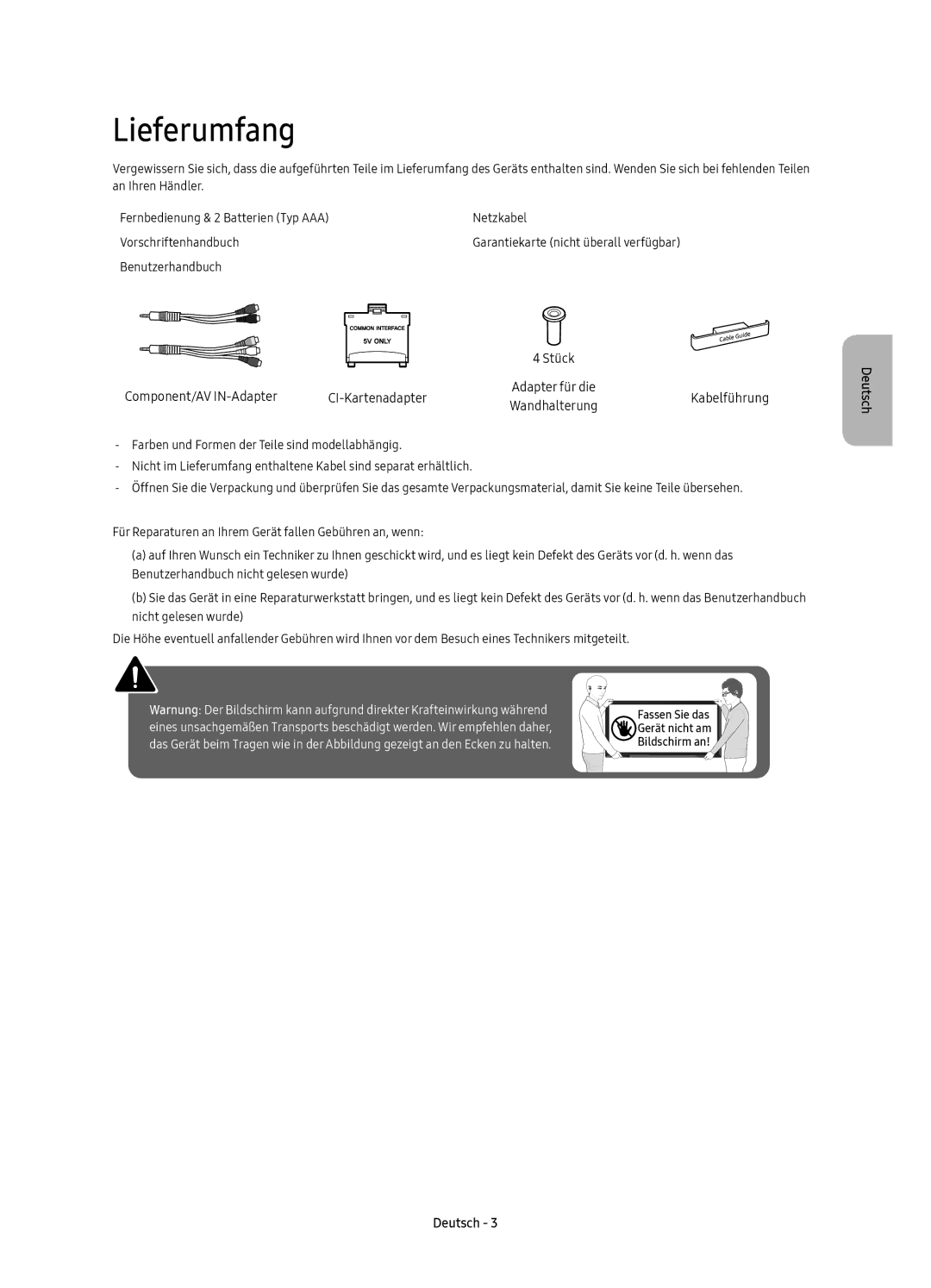 Samsung UE40K6300AKXZT, UE40K6300AKXXC, UE40K6370SUXZG manual Lieferumfang, Component/AV IN-Adapter CI-Kartenadapter 