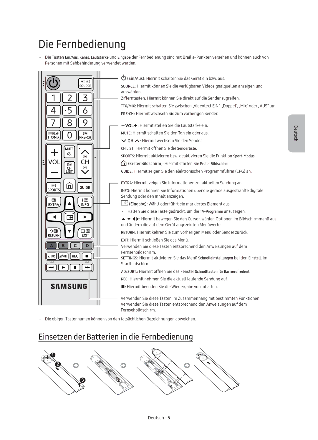 Samsung UE49K6370SUXXC, UE40K6300AKXXC, UE40K6370SUXZG manual Die Fernbedienung, Einsetzen der Batterien in die Fernbedienung 