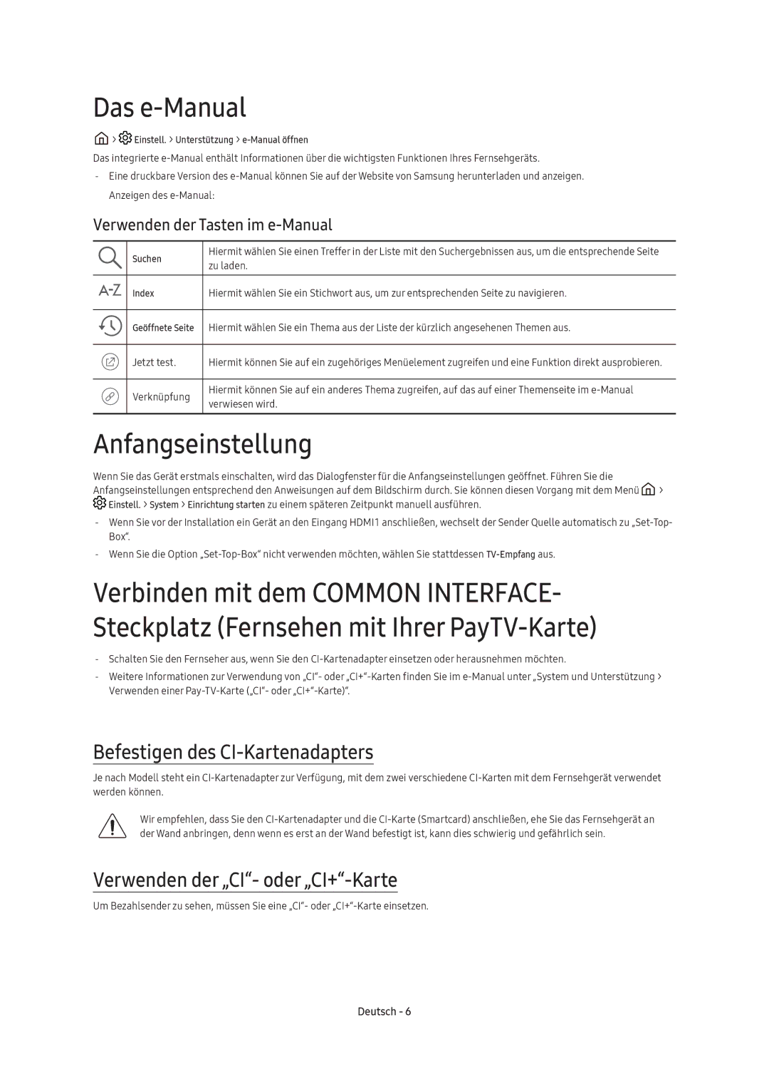 Samsung UE55K6300AKXXC, UE40K6300AKXXC, UE40K6370SUXZG Das e-Manual, Anfangseinstellung, Befestigen des CI-Kartenadapters 