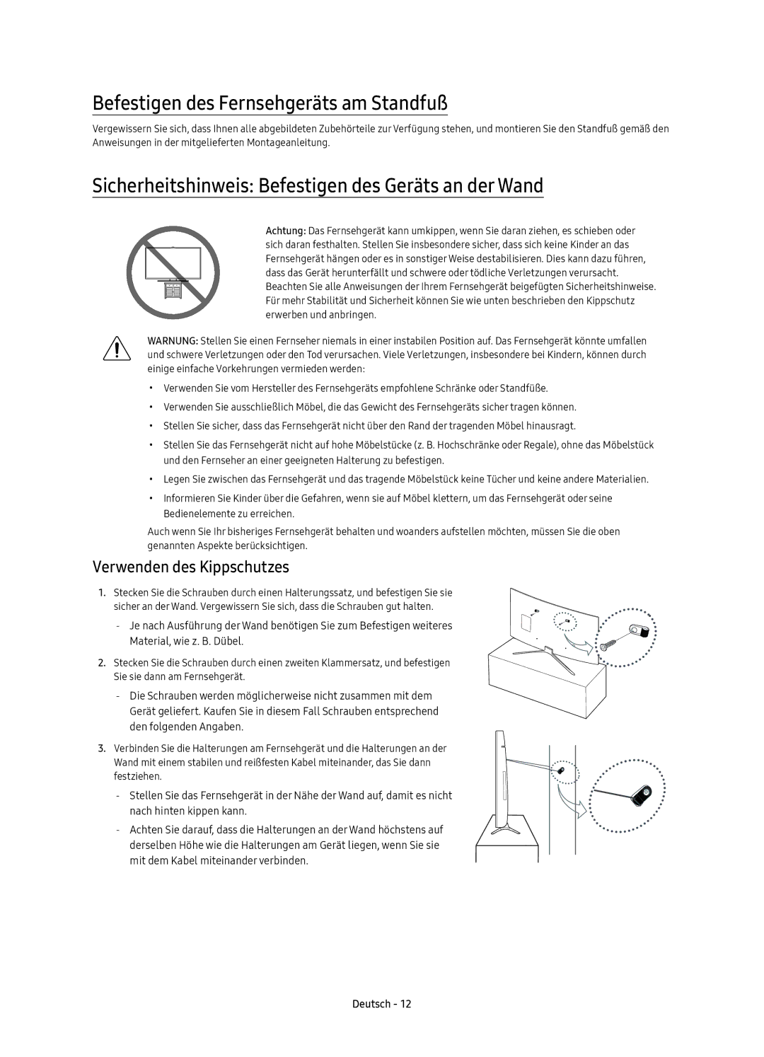 Samsung UE49K6370SUXZG Befestigen des Fernsehgeräts am Standfuß, Sicherheitshinweis Befestigen des Geräts an der Wand 