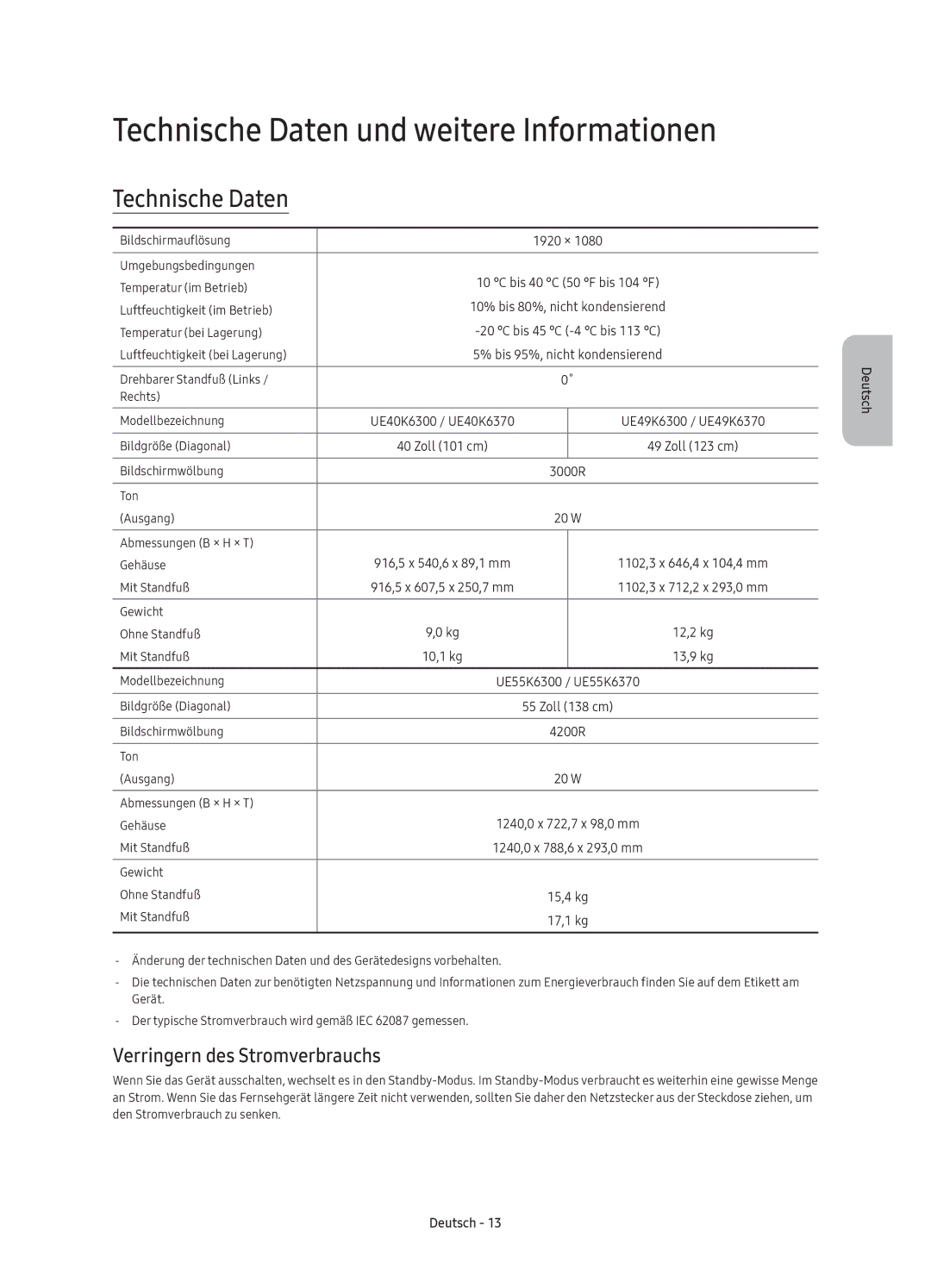 Samsung UE55K6370SUXZG, UE40K6300AKXXC manual Technische Daten und weitere Informationen, Verringern des Stromverbrauchs 