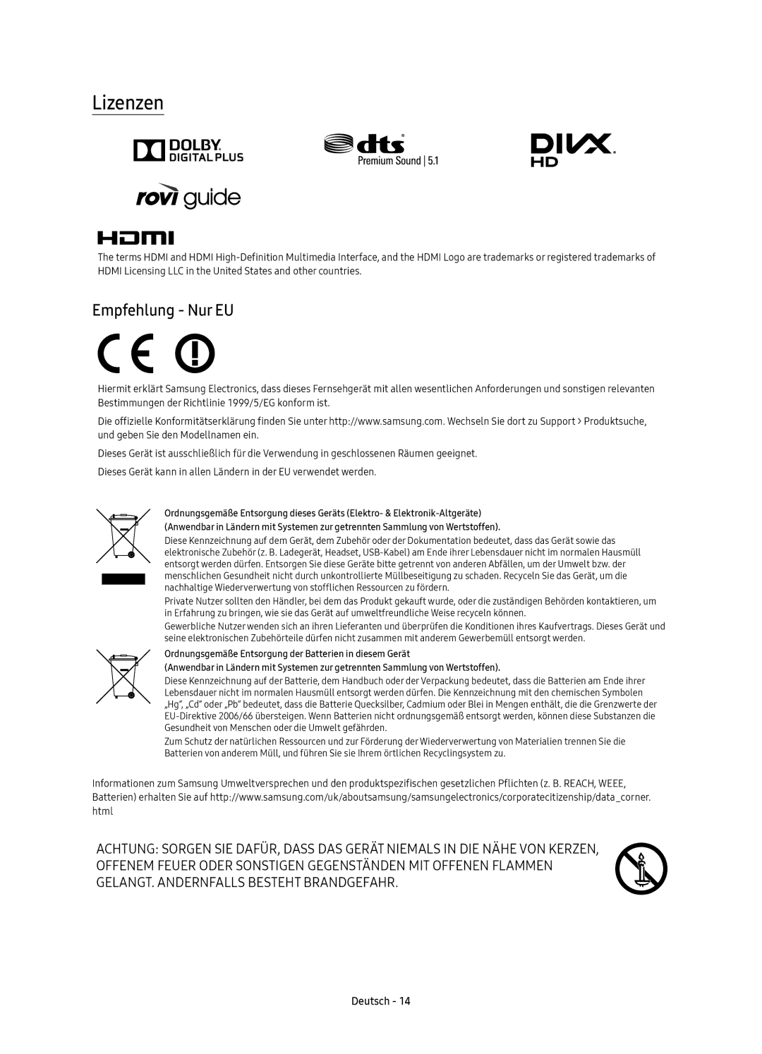 Samsung UE49K6300AKXXC, UE40K6300AKXXC, UE40K6370SUXZG, UE49K6370SUXZG, UE55K6370SUXZG manual Lizenzen, Empfehlung Nur EU 