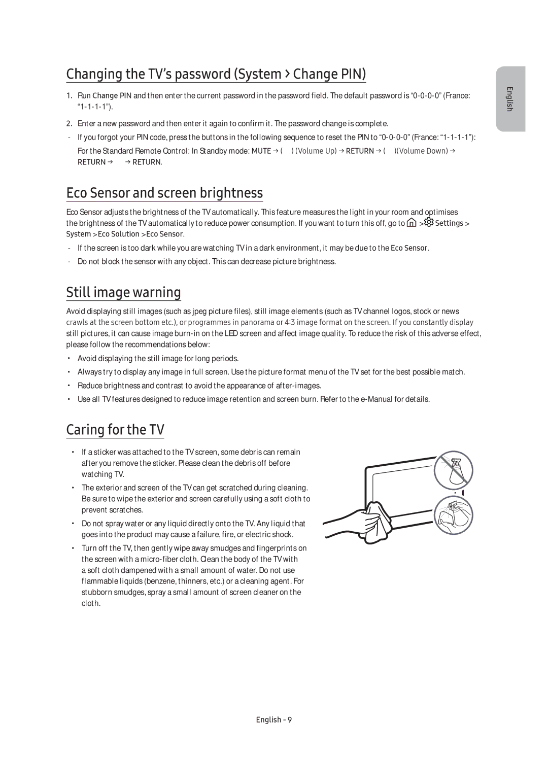 Samsung UE55K6370SUXZF Changing the TV’s password System Change PIN, Eco Sensor and screen brightness, Still image warning 