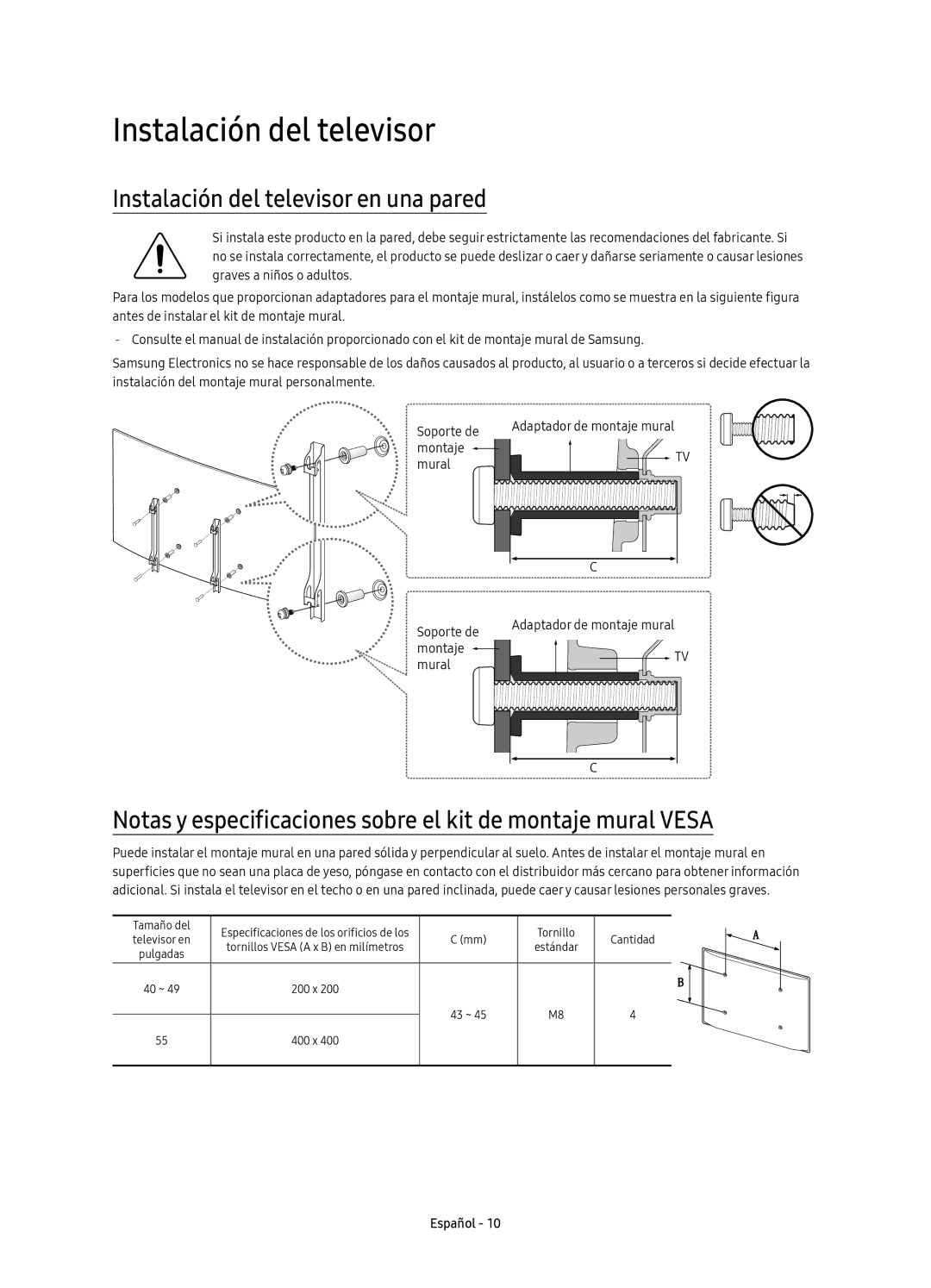 Samsung UE49K6370SUXXC, UE40K6300AKXXC, UE49K6300AKXXC, UE55K6300AKXXC manual Instalación del televisor en una pared 