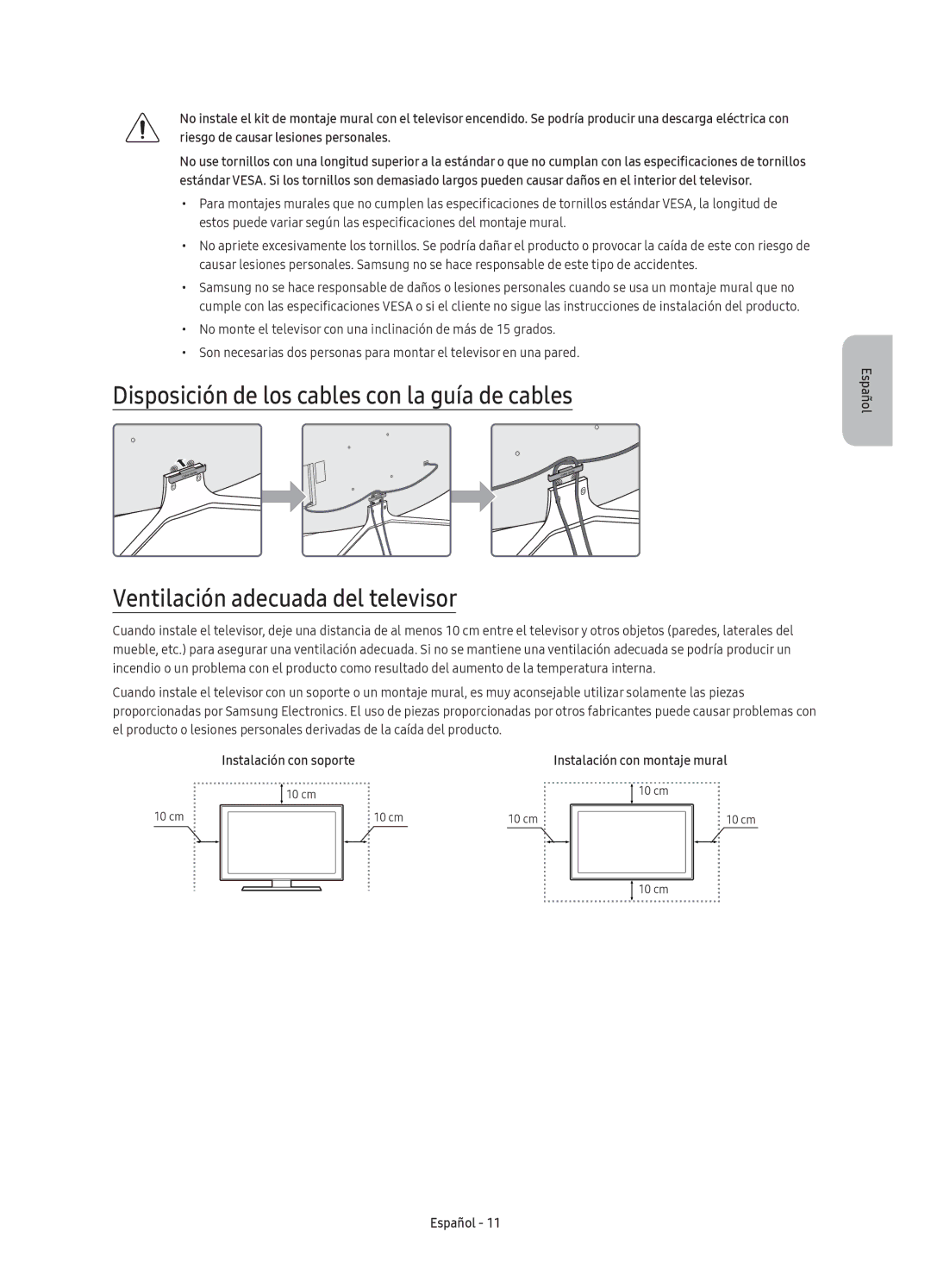 Samsung UE55K6300AKXXC, UE40K6300AKXXC, UE49K6300AKXXC, UE49K6370SUXXC manual Instalación con soporte 