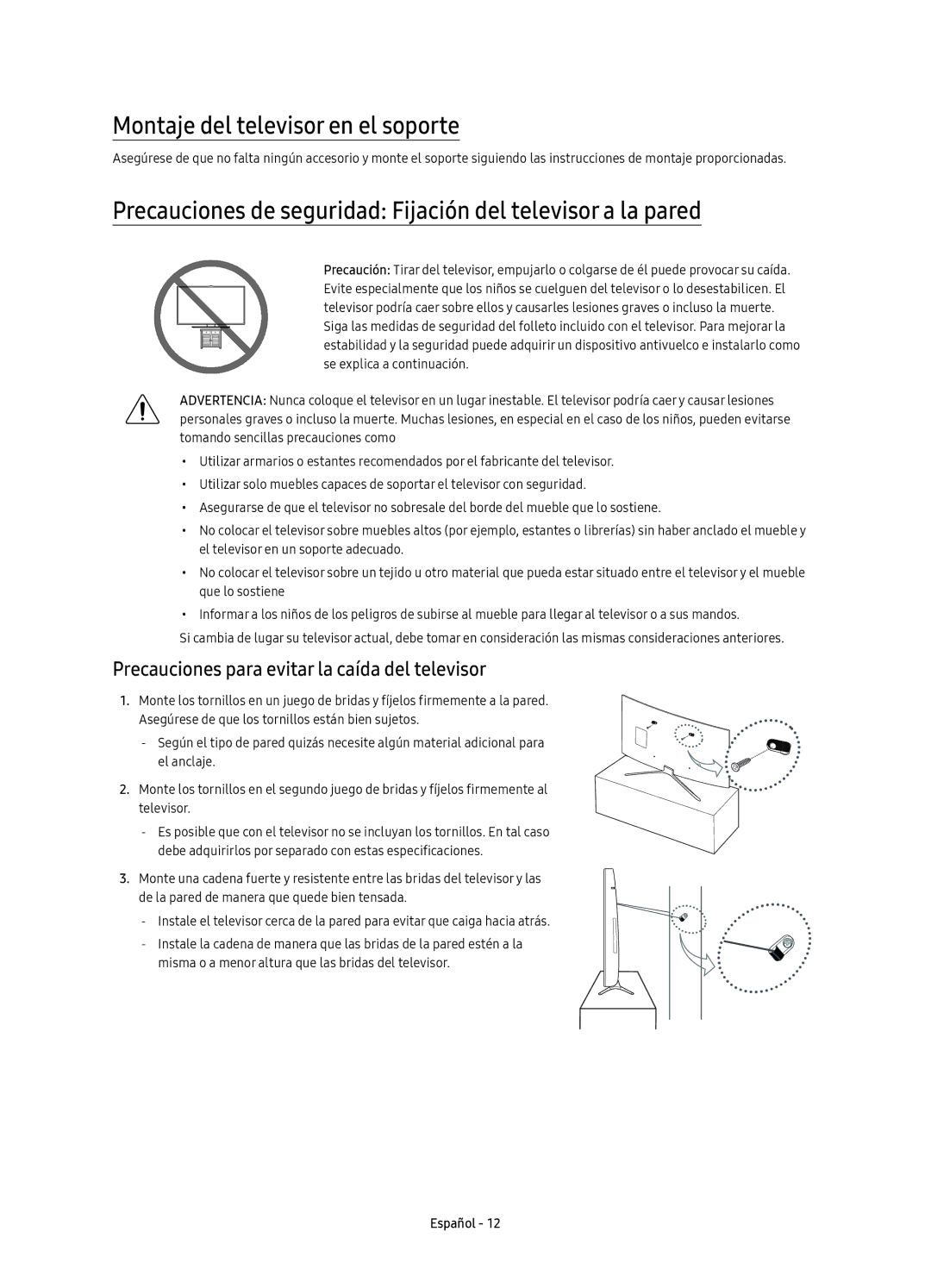 Samsung UE40K6300AKXXC Montaje del televisor en el soporte, Precauciones de seguridad Fijación del televisor a la pared 