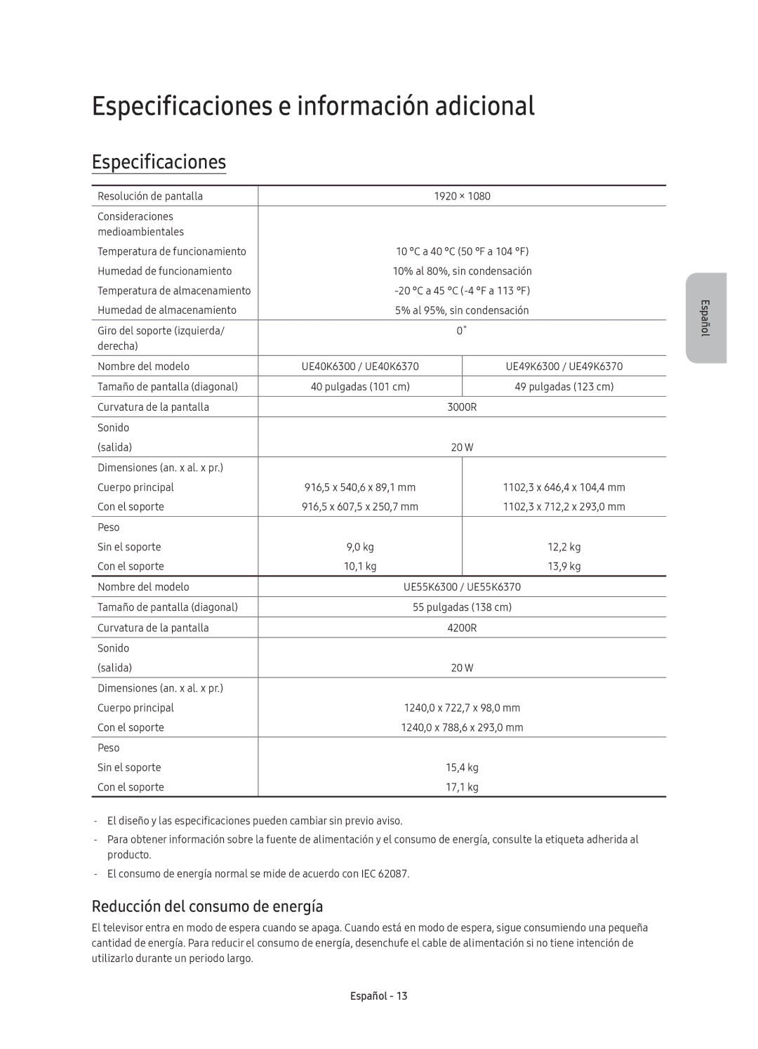 Samsung UE49K6300AKXXC, UE40K6300AKXXC manual Especificaciones e información adicional, Reducción del consumo de energía 