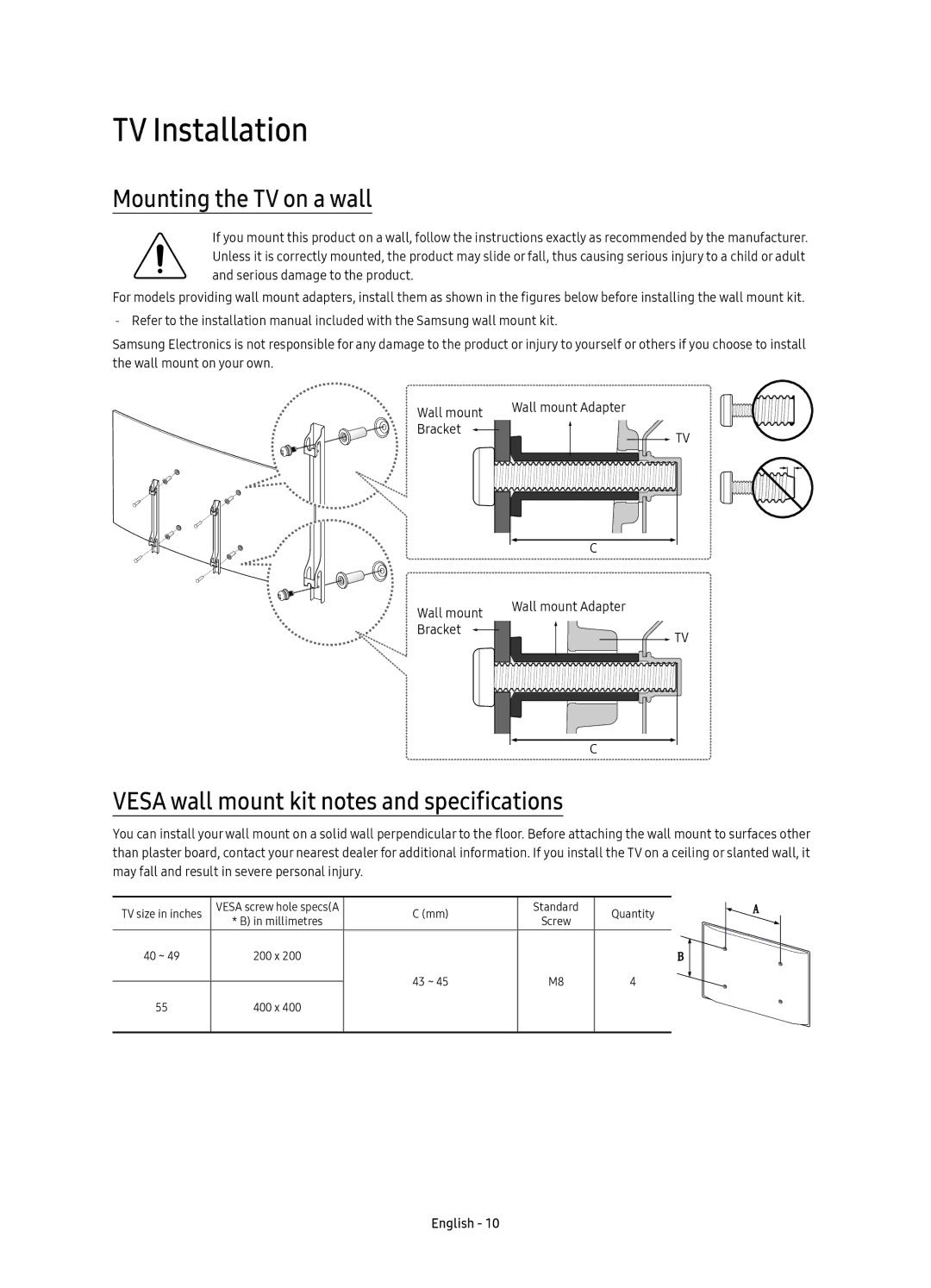 Samsung UE40K6300AWXXN manual TV Installation, Mounting the TV on a wall, Vesa wall mount kit notes and specifications 