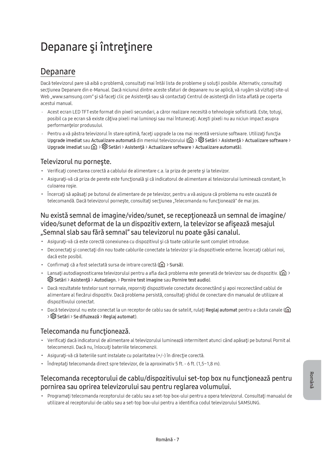 Samsung UE55K6300AWXXN, UE40K6370SSXXH manual Depanare şi întreţinere, Televizorul nu porneşte, Telecomanda nu funcţionează 