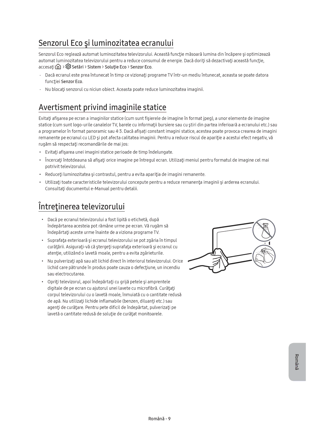 Samsung UE55K6300AWXXH, UE40K6370SSXXH manual Senzorul Eco şi luminozitatea ecranului, Avertisment privind imaginile statice 