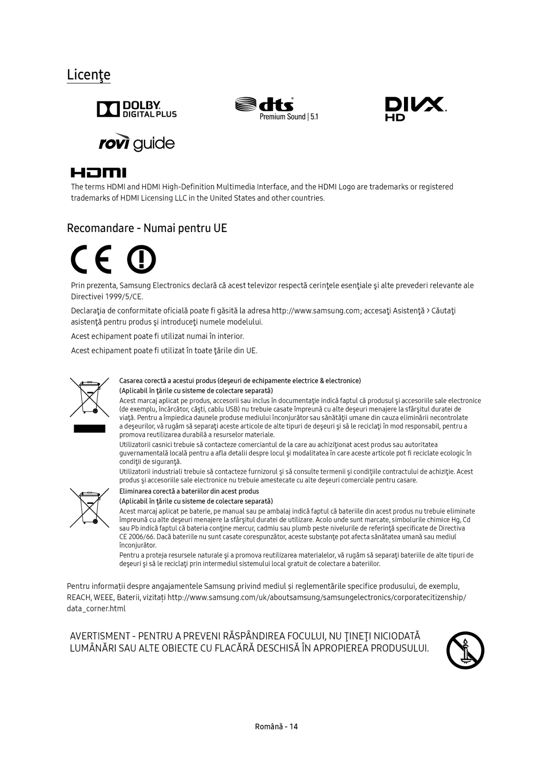 Samsung UE49K6300AWXXN, UE40K6370SSXXH, UE55K6300AWXXH, UE55K6370SSXXH, UE40K6300AWXXH Licenţe, Recomandare Numai pentru UE 