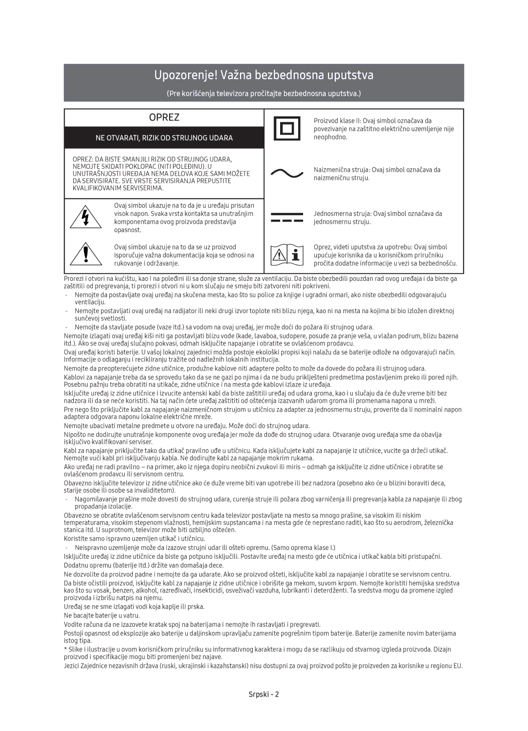 Samsung UE55K6372SUXXH, UE40K6370SSXXH, UE55K6300AWXXH, UE55K6370SSXXH manual Upozorenje! Važna bezbednosna uputstva, Srpski 